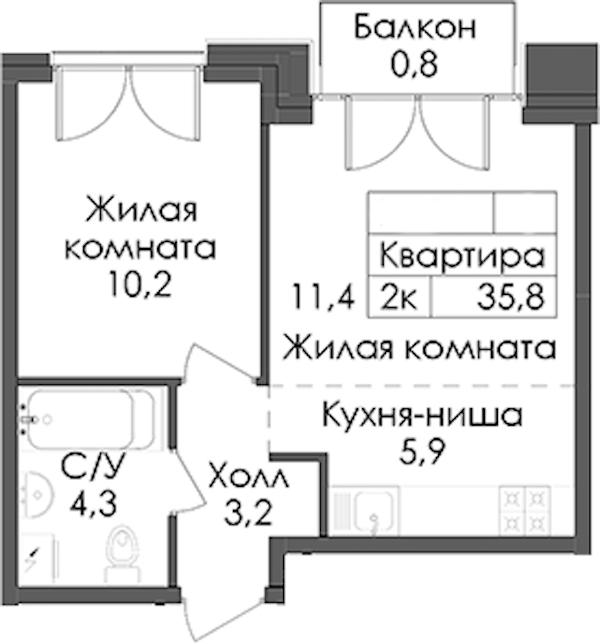 1-комнатная квартира 35.8 м², 4/9 эт., ЖК «Лермонтовский 54»
